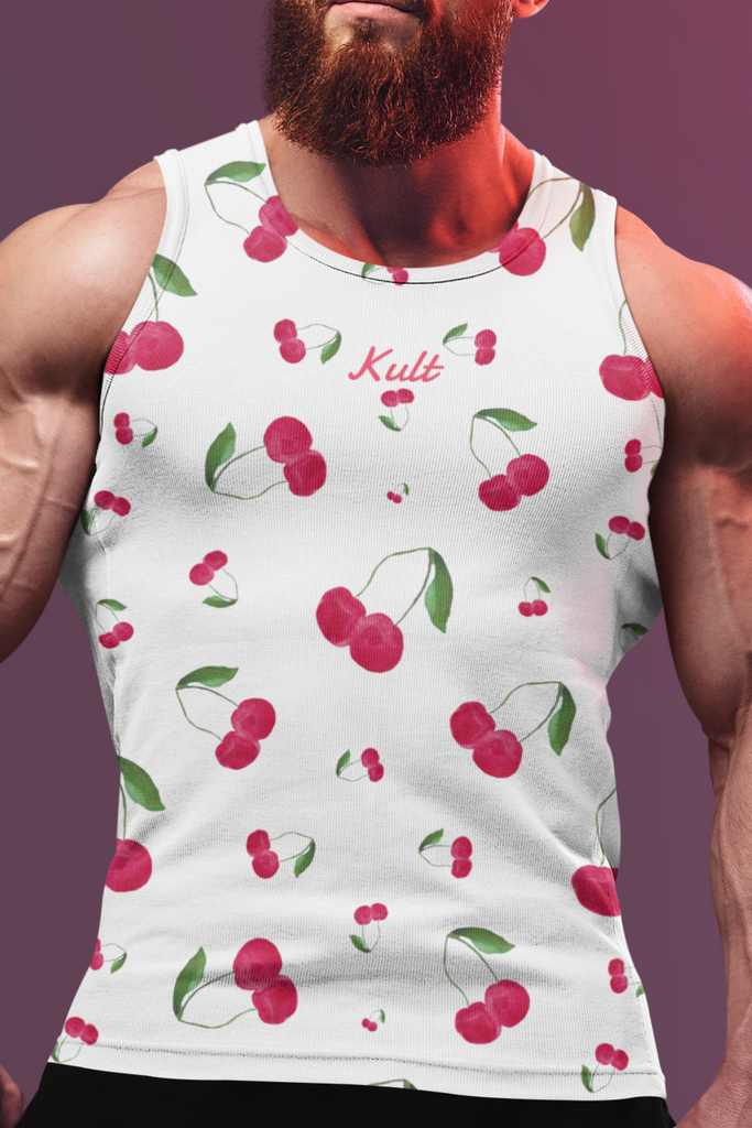 Cherries Art Printed Sleeveless White Vest