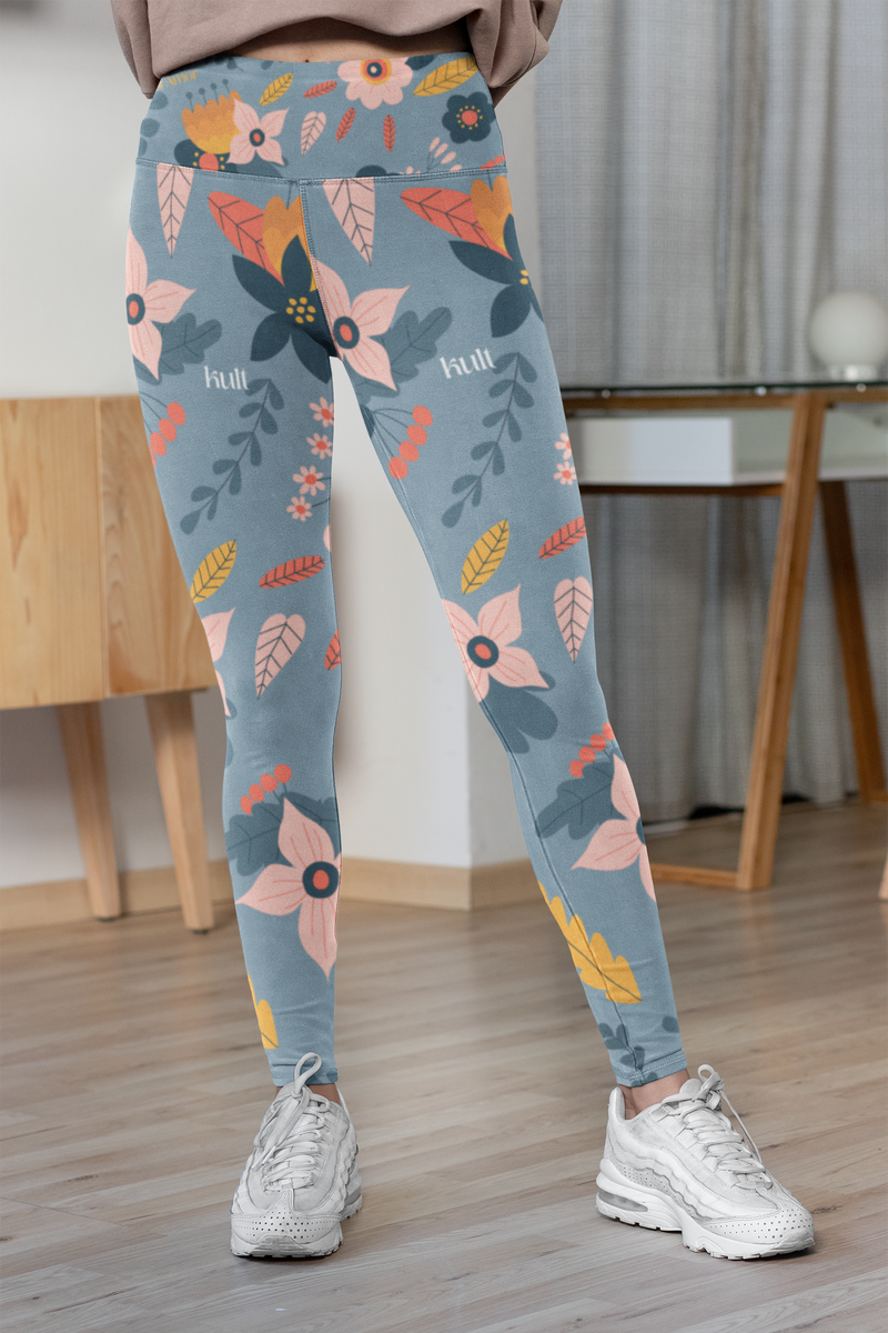 Floral Design Cadet Grey Leggings For Women