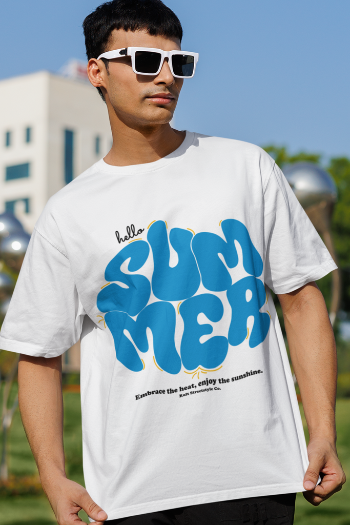 Hello Summer French Terry Oversized White T-Shirt