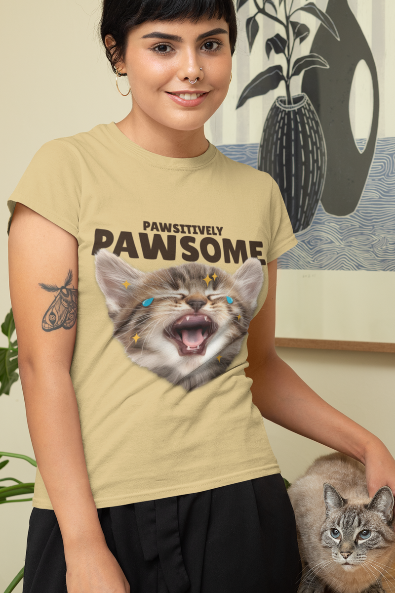 Cat Printed Beige Color T-Shirt For Women