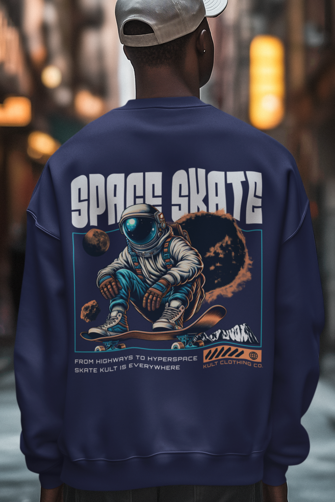 Back Printed Space Skate Oversized Navy Blue Sweatshirt